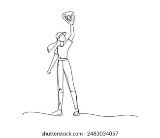  A woman rise her hand above the head to catch the ball using glove. Baseball activities concept. Simple minimalist on white background continuous line drawing for sport illustration.