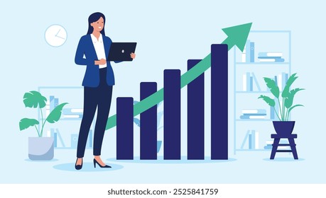 Mujer y gráfico ascendente: personaje de mujer de negocios de pie con computadora portátil frente al diagrama ascendente con flecha verde que apunta hacia el crecimiento y el éxito. Ilustración vectorial de diseño plano