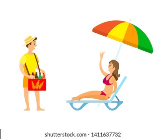 Woman rising hands for buying bottles, man standing with box of drinks. Girl in swimsuit lying on chaise lounge under parasol, business on beach vector