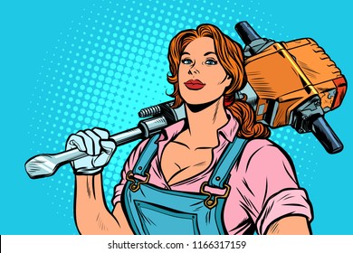 woman road worker Builder with jackhammer. Pop art retro vector illustration vintage kitsch