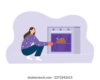 La mujer está asando pollo, quiere sacar el plato con guantes. Actividades de cocina en casa. Diseño de caracteres. Ilustración plana del vector