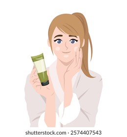 Woman in a robe applying skincare cream to her face while holding a green tube of moisturizer. Flat vector Character Illustration