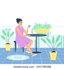 A woman in a robe drinks coffee on the balcony. The woman looks at the phone with enthusiasm. There are beautiful plants and flowers on the balcony. Flat vector illustration.