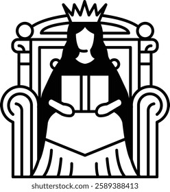 A woman in a robe sits on a throne with a book in her hand