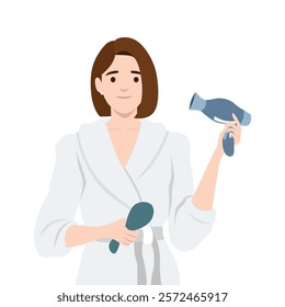 Woman in Robe Styling Hair with a Hairdryer. Flat vector illustration isolated on white background