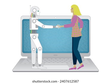 Mujer y robot de acuerdo, parados en una laptop. Aislado. Ilustración vectorial.