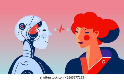 A woman and robot with artificial intelligence looking at each other