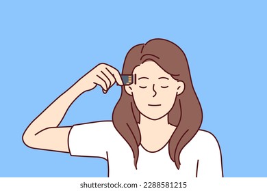 Woman robot closing eyes applies memory card to head, symbolizing modern technologies for integrating chips into human brain. Girl robot with artificial intelligence takes out microprocessor 