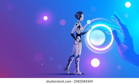 Woman robot, cyborg with AI analysis big data. AI or artificial intelligence learning concept. AI technology. Computer neural network training in image of female robot. Machine Deep learning AI Robot.