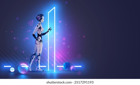 Mujer robot o cyborg con IA entra en la puerta futurista. IA o concepto de aprendizaje de inteligencia artificial. Tecnología de IA. Entrenamiento de red neuronal por computadora en Imagen de robot femenino. Robot viene a la puerta.