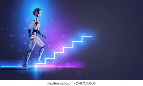 Woman robot or cyborg with AI goes up futuristic stairs in full growth. AI or artificial intelligence learning concept. AI Future technology. Computer neural network training in image of female robot.