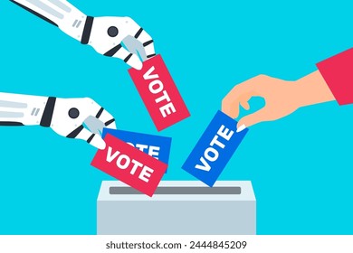 woman and robot hands put ballot papers bulletin  into voting box election campaign online vote vector illustration