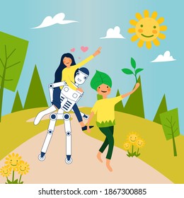 Woman and robot and nature character walk together on road. Robot carry girl on her back and walk on a natural path. Concept power of dream. Vector illustration for graphic design or eco background