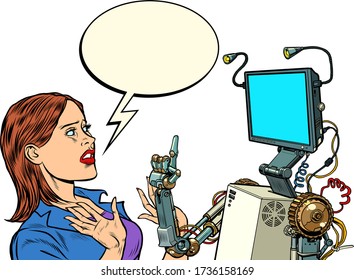 woman and robot. New technologies. Pop art retro vector illustration vintage kitsch 50s 60s style