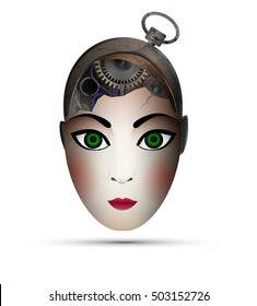 woman robot portrait on the white background, broken girl cyborg portrait, mental activity problem concept, brain disease idea, vector
