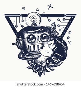 Woman and robot. Retro futuristic. Crying cyborg kisses beautiful sleeping girl. Old school tattoo style. Sci-fi movie art. Lovers of future 