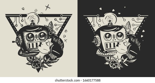 Woman and robot. Sci-fi movie concept. Lovers of future. Retro futuristic. Template for clothes, covers, emblems, stickers, poster and t-shirt design. Typography art. Vector illustration 