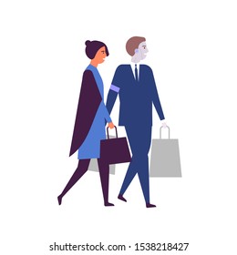 Woman and robotized assistant with shopping bags flat vector illustration. Robots in daily human life. AI helper, humanoid in suit. Cyborg helping businesswoman cartoon characters isolated on white.