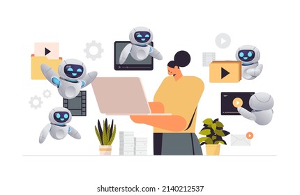 woman with robots watching videos on laptop online education e-learning video tutorials live streaming concept