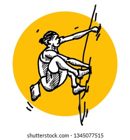 A woman rock climber clinging to a rock surface. Hand drawn vector illustration.