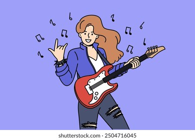 Woman rock star plays electric guitar and demonstrates cool gesture, standing among notes. Girl participating in rock concert performs on stage for audience, performing song from new album