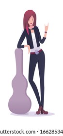 Woman rocker with guitar in case standing isolated on white background. Young girl in black clothes showing devil horns gesture. Rock-n-roll character. Rock music admirer. Vector illustration