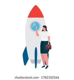 Frau mit Raketendesign, Strategie des Startplans und Marketingthema Vektorgrafik