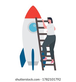 woman with rocket at ladder design, Start up plan idea strategy and marketing theme Vector illustration