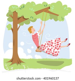 Woman rocking on swing attached to a limb of a tree (Fifties retro style)