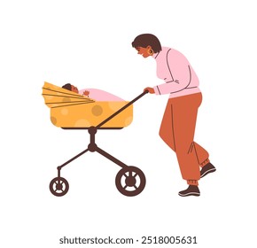 A woman rocks a sleeping baby in a stroller. Mother and child on a walk. Character sings a lullaby and calms her daughter. Cartoon style. Vector illustration isolated on white background.