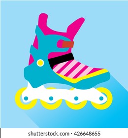 Woman Roller Blades Icon. Girl Design Color Roller Skates Vector Illustration. Isolated On Blue Background. 