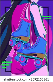 Woman with roller skates on the shoulders. Vector illustration. Poster, banner, poscard.