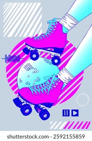 Woman with roller skates on a silver ball.. Vector illustration. Poster, banner, poscard.