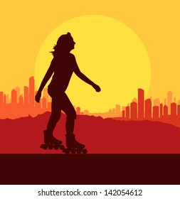 Woman in roller skates silhouette vector background city in sunset