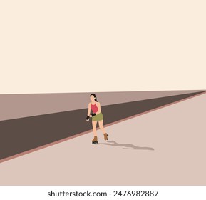 Woman with roller skates wearing fashionable clothes riding on city street. Active sport fitness lifestyle concept.