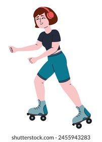 Woman roller skating. Female person in doodle style.