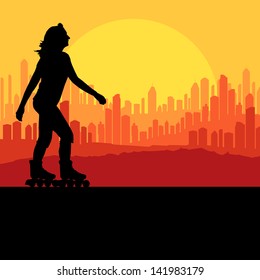 Woman roller skating vector background with city and sunset