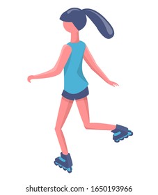 Woman rollerblading, full length and back view of girl wearing sportswear, person character going in rollerblades, urban activity or young vector