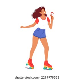 Woman Rollerblading With Ice Cream In Hand During Summer. Female Character Active, Refreshing, And Fun. Girl Enjoying The Outdoors With A Sweet Treat. Cartoon People Vector Illustration