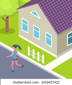 Woman rollerblading near house, activity in yard , back view of girl wearing sportswear, close up view of cottage with windows, green grass and tree vector