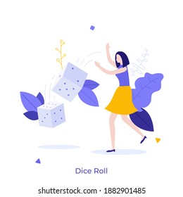 Woman Rolling Dice Or Playing Craps. Concept Of Gambling, Risk And Chance, Probability And Possibility, Tabletop Or Casino Game, Leisure Activity. Modern Flat Vector Illustration For Banner, Poster.