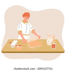 Woman rolling dough in kitchen. Happy housewife rolling pin on cookie dough. Person kneads dough. Adult woman baking cookies, pizza, pie or other sweets. Cartoon vector illustration.