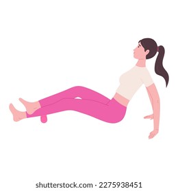 Woman rolling foam roller on her calves, flat vector illustration isolated on white background. Smart fitness workout. Myofascial release. Yoga and pilates equipment.