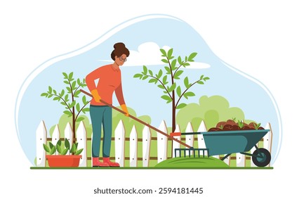 Woman rolling grass in backyard garden with rake, leveling ground near trees and plants. Wheelbarrow with soil. Eco friendly gardening, landscaping and farming concept. Flat vector illustration.