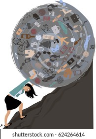 Woman rolling a huge ball of possessions uphill, EPS 8 vector illustration