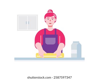 Woman rolling out basic dough, bread making process. Design character. Vector flat illustration