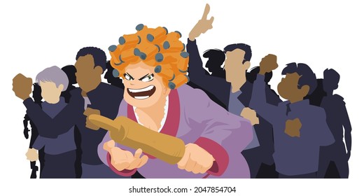 Woman with rolling pin on demonstration. Protesting people. Riots in street. Illustration concept for mobile website and internet development.