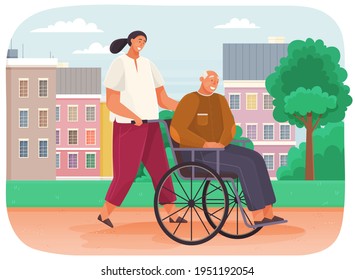 Woman rolls old man in wheelchair. Grandfather walks and sits in disabled carriage in city park
