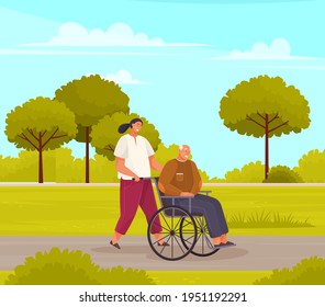 Woman rolls old man in wheelchair. Grandfather walks and sits in disabled carriage in city park