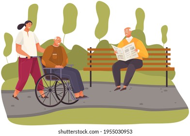 Woman rolls old man in wheelchair. Grandfather walks and sits in disabled carriage in city park